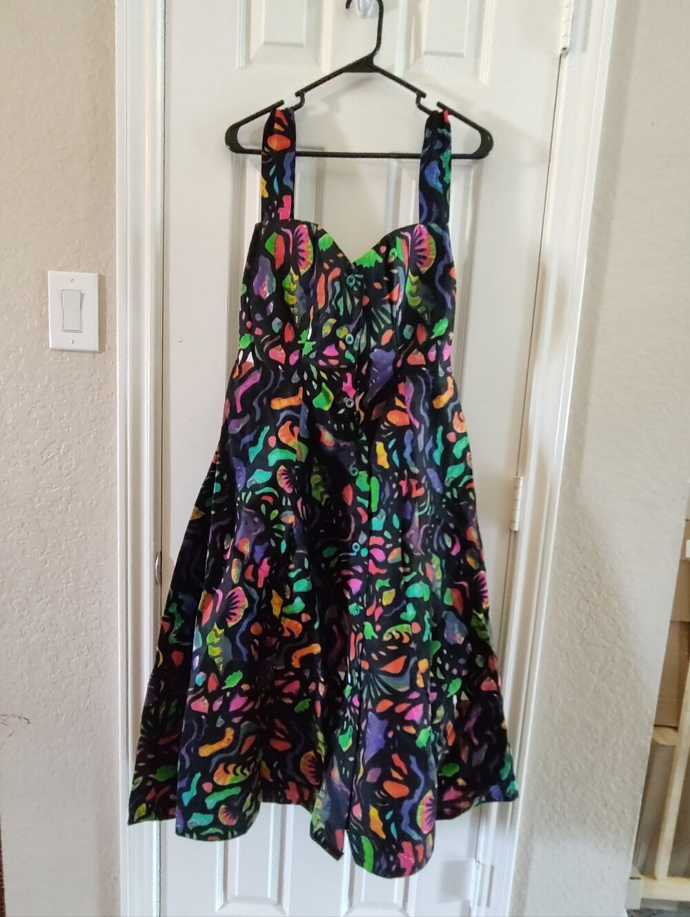 Handmade Retro 50s Rockabilly Style Button Front Swing Dress Neon Abstract Med